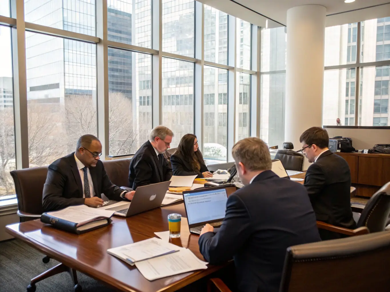 A professional photograph of a modern corporate office with lawyers in a meeting, symbolizing Lex-Expert's focus on corporate law services.