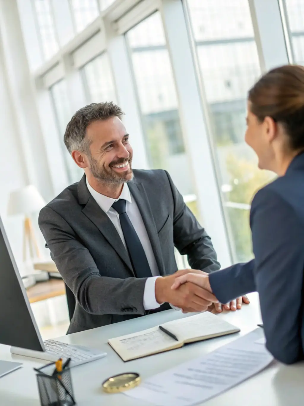A handshake between a lawyer and a client in a modern office setting, representing Lex-Expert's dedication to building strong, trust-based relationships.