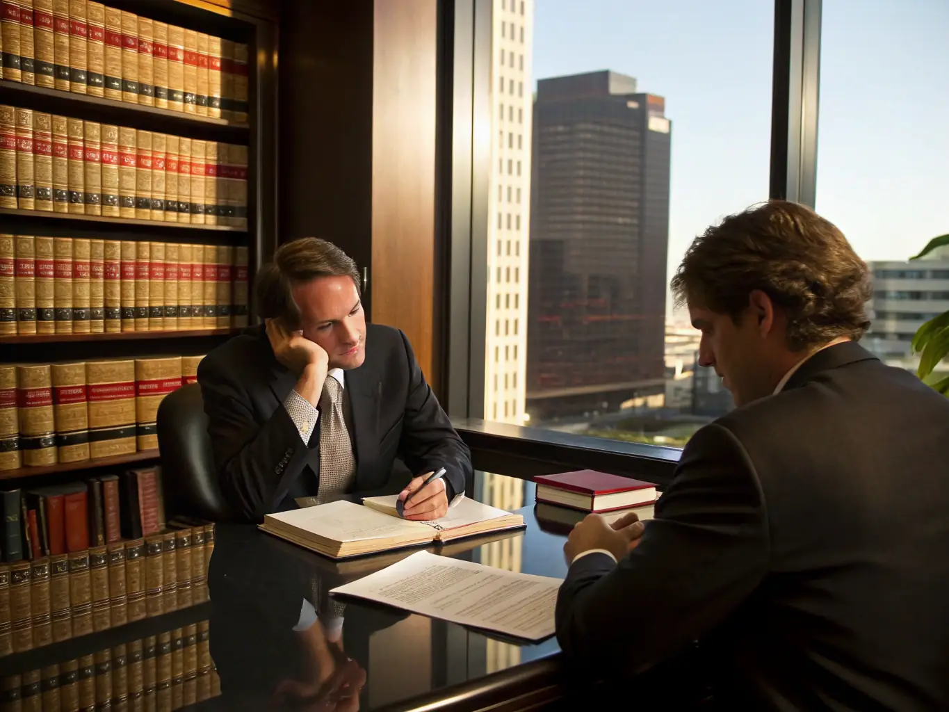 A serious lawyer in a navy blue suit is consulting a client in a modern office with bookshelves in the background, symbolizing Lex-Expert's expertise in labor law.