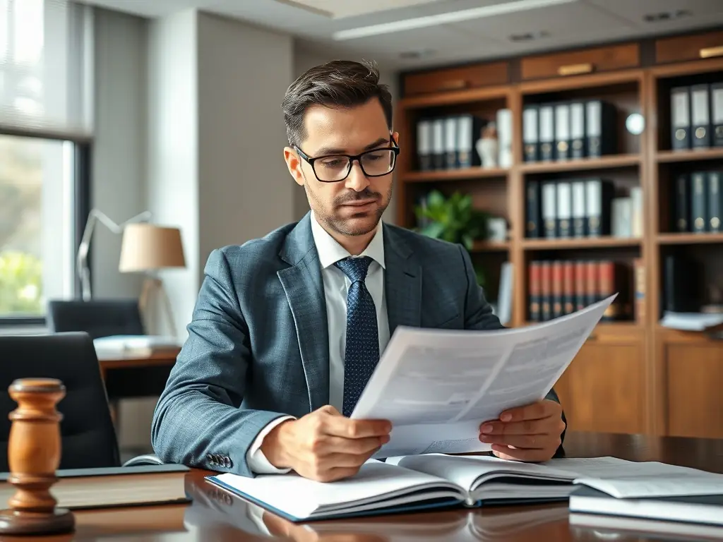 A serious lawyer in a navy blue suit is reviewing corporate documents in a modern office with bookshelves in the background, symbolizing Lex-Expert's expertise in corporate law.