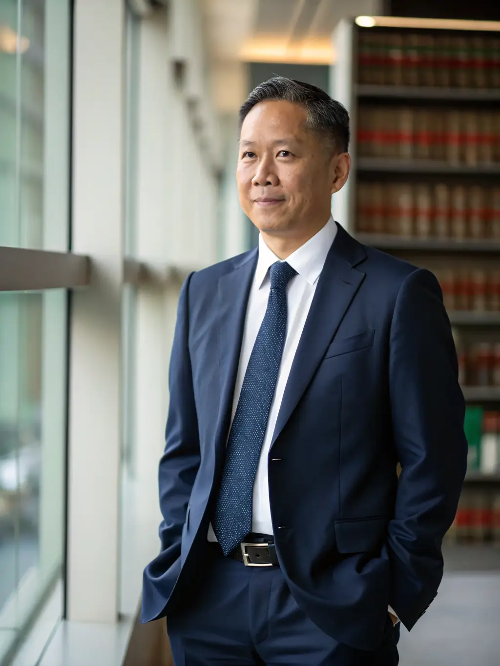 A professional lawyer in a navy blue suit, standing in front of a bookshelf filled with legal books, smiling confidently, representing Lex-Expert's expertise.