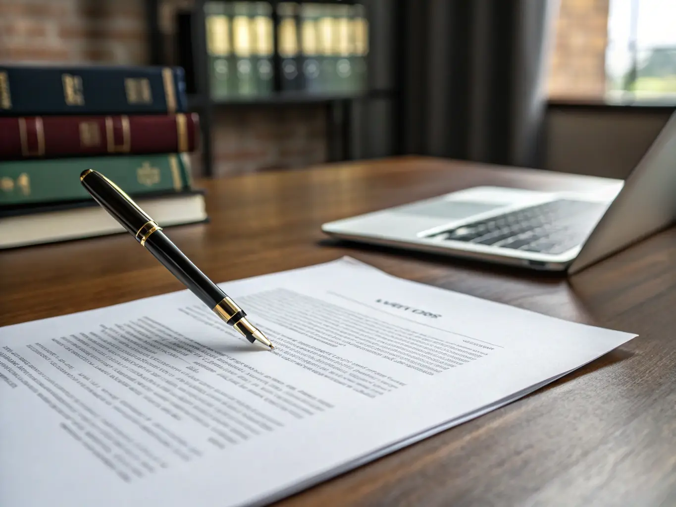 A close-up shot of a civil contract being reviewed on a desk, with a pen and legal books in the background, emphasizing the attention to detail in contract law.
