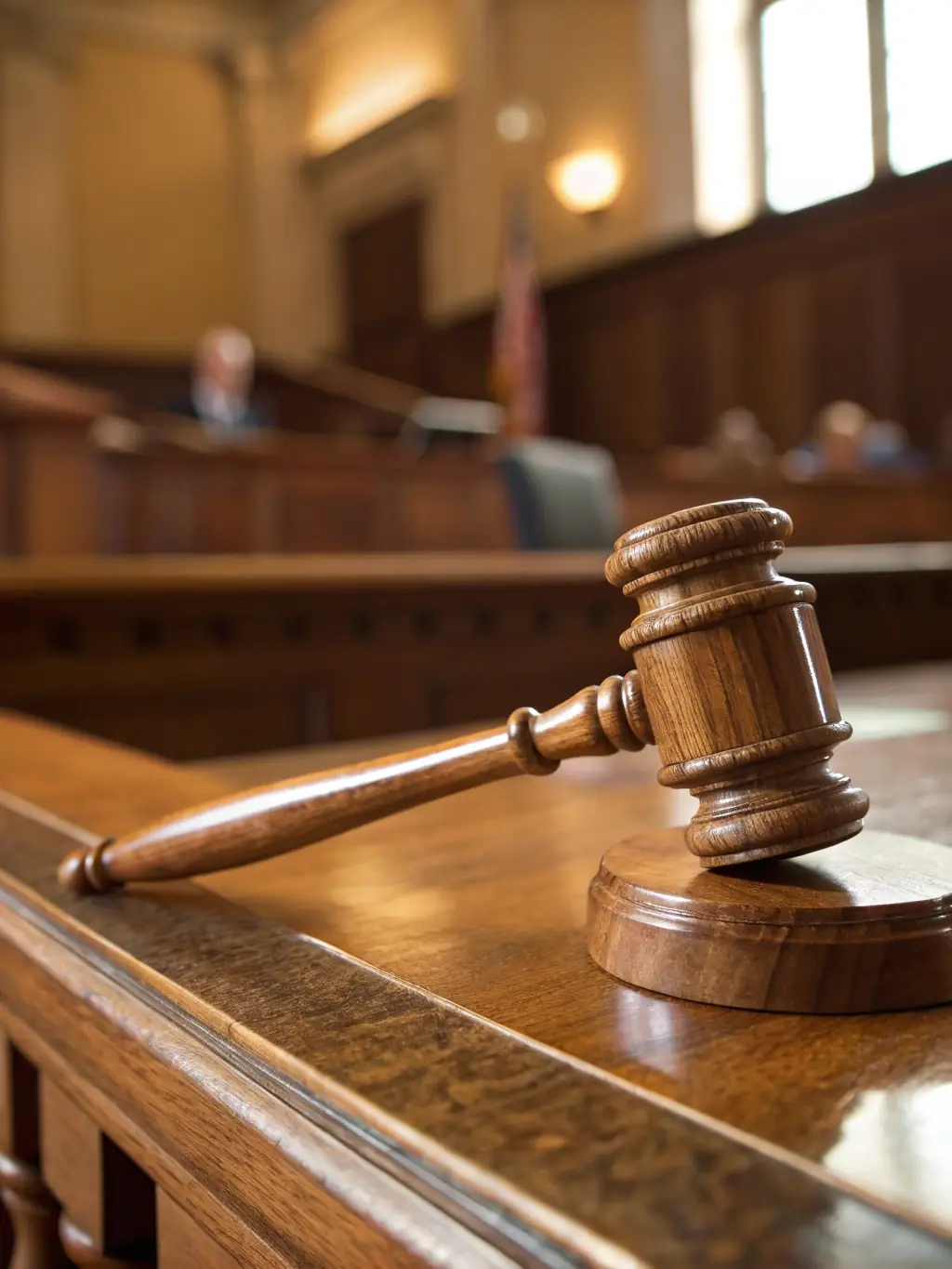 A gavel hitting a sounding block in a courtroom, symbolizing justice and legal proceedings, representing Lex-Expert's commitment to upholding the law in all areas of practice.