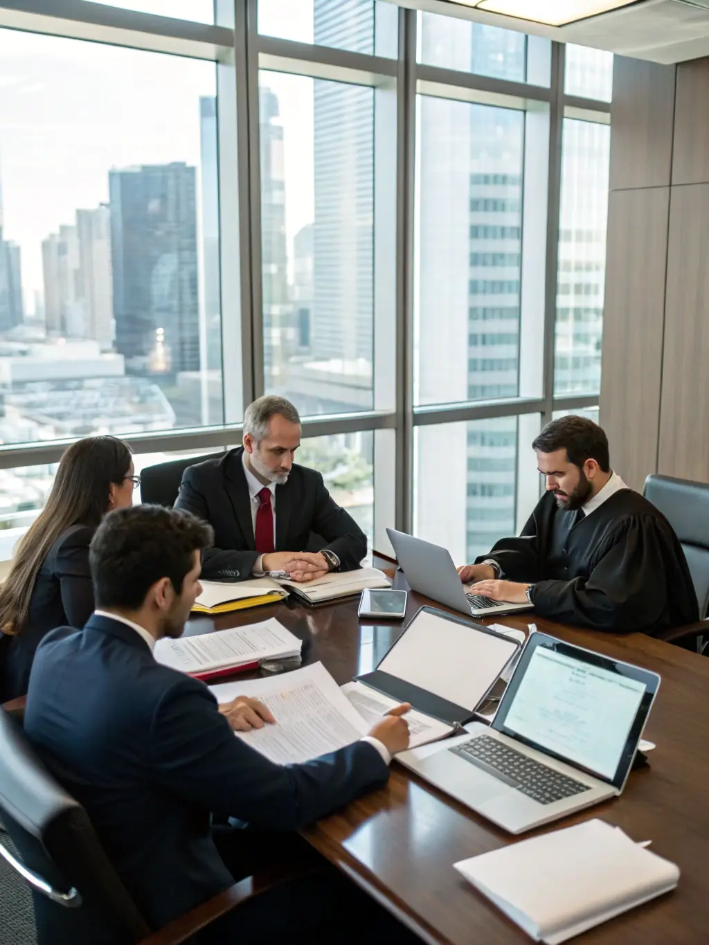 A group of professionals in a boardroom, discussing corporate strategies, with a focus on legal compliance and corporate governance, reflecting Lex-Expert's corporate law services.