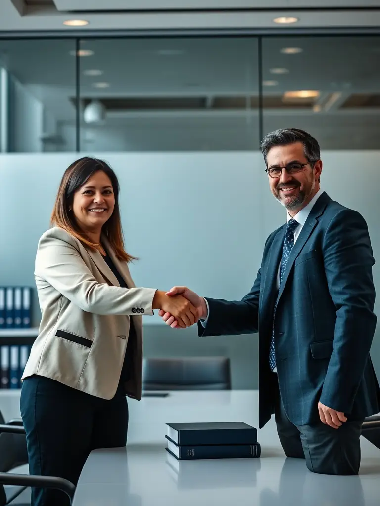 Two people shaking hands over a contract on a desk in a well-lit office, symbolizing agreement and the importance of legally sound civil contracts, representing Lex-Expert's contract law expertise.